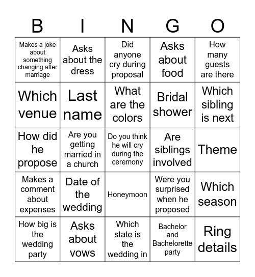 Wedding Bingo Card