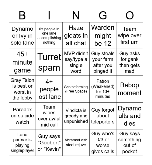 Deadlock Solo Queue Bingo Card