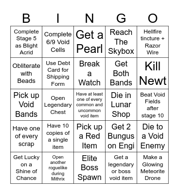 Risk of Rain 2 Bingo Card