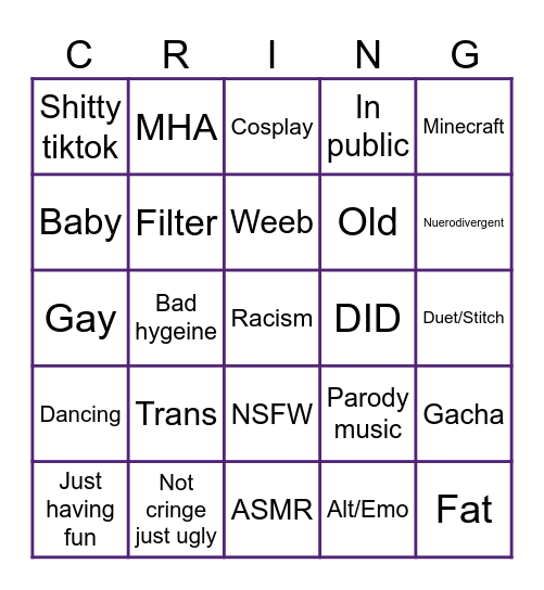cringe Bingo Card