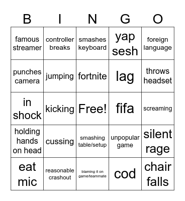 gamer rage bingo Card