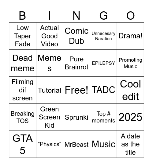 Shorts Bingo Card