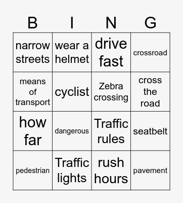TRAFFIC VOCABULARY BINGO Card