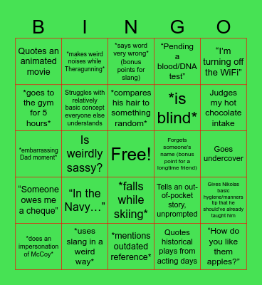 Dad on Vacation Bingo Card