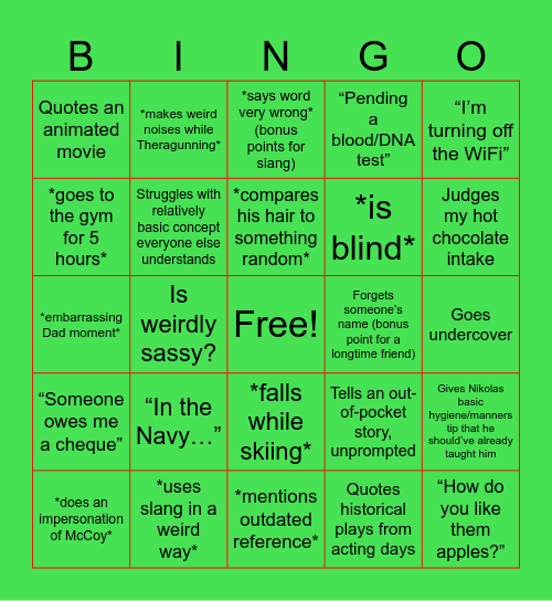 Dad on Vacation Bingo Card
