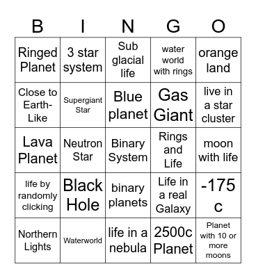 Space Engine Bingo Card