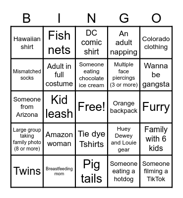 Disney World Bingo Card