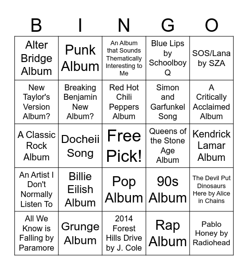 Spotify New Music Bingo Card