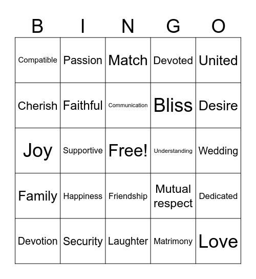 Bridal Bingo Card