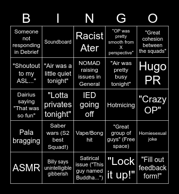 Debrief Bingo Card