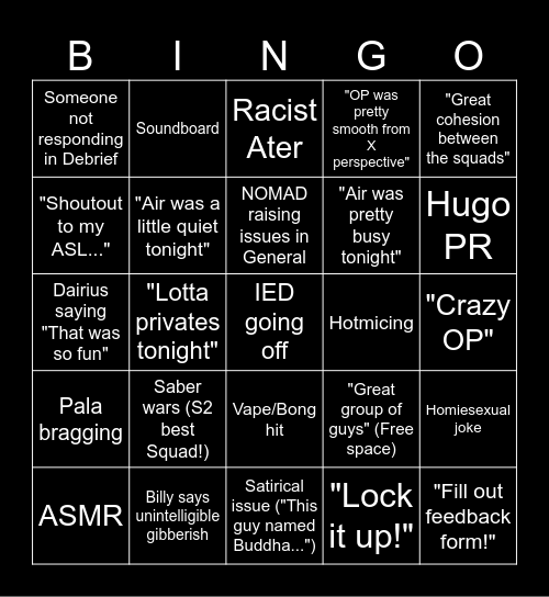 Debrief Bingo Card