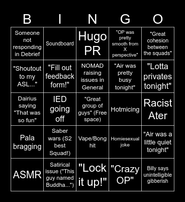 Debrief Bingo Card