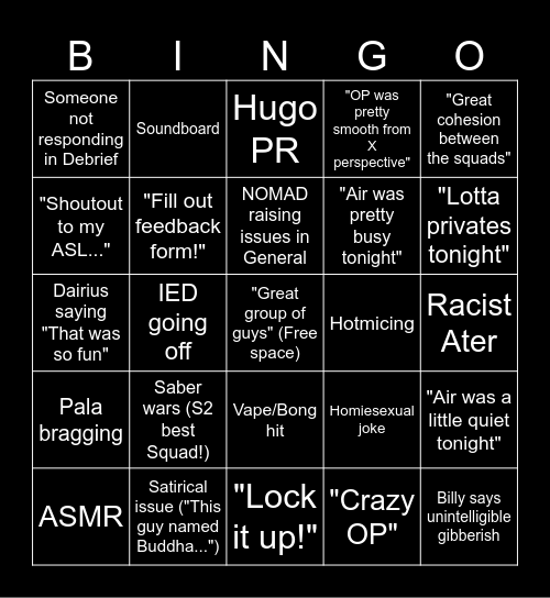 Debrief Bingo Card