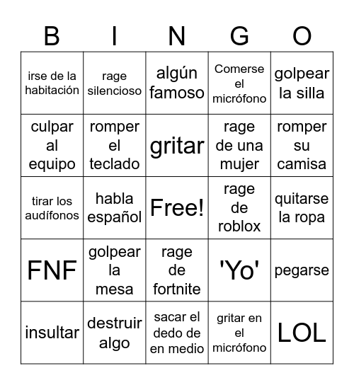 rage Bingo Card
