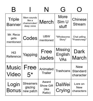 HSR 3.0 Livestream Bingo Card