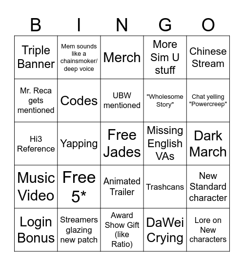 HSR 3.0 Livestream Bingo Card