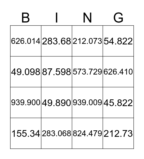 Place Value Bingo Card