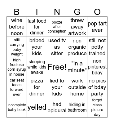 Mom Guilt Bingo Card