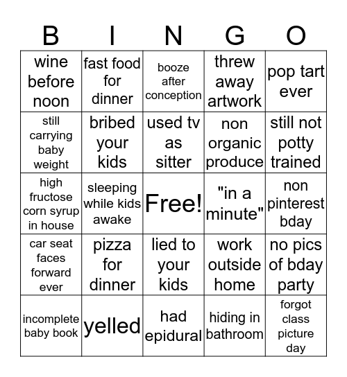 Mom Guilt Bingo Card