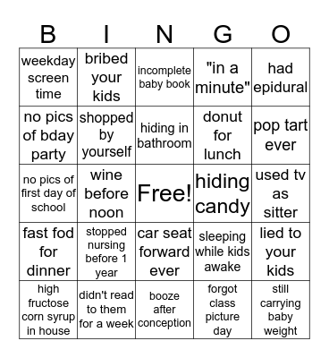 Mom Guilt Bingo Card