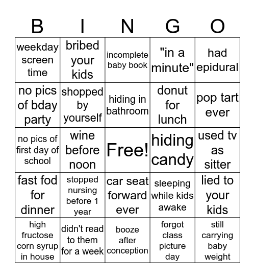 Mom Guilt Bingo Card