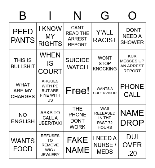 INTAKE BINGO Card
