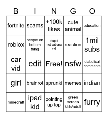 YT shorts Bingo Card