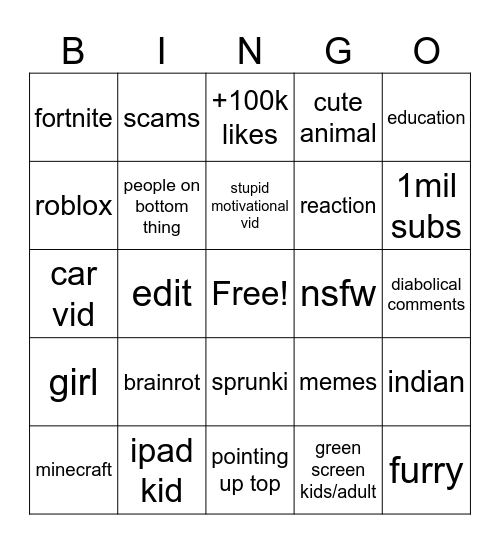 YT shorts Bingo Card