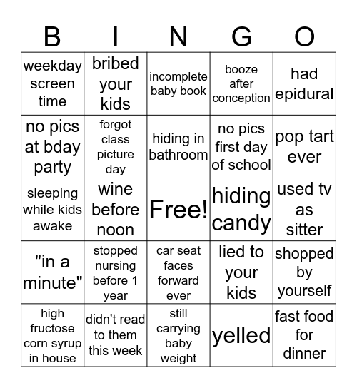 Mom Guilt Bingo Card