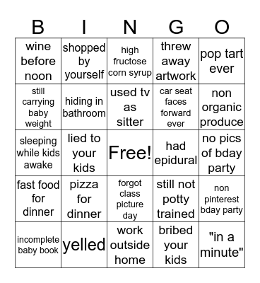 Mom Guilt Bingo Card