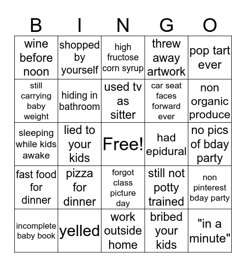 Mom Guilt Bingo Card