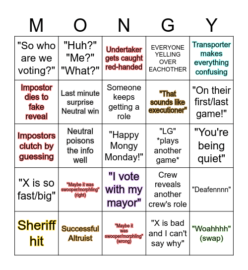 Mongy Monday Bingo (improved) Bingo Card