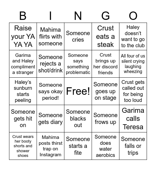 Roasting x Cabo Bingo Card