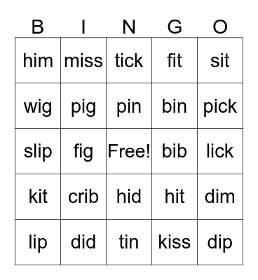 Short i  Bingo Card