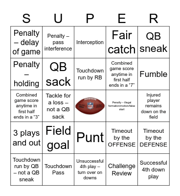 Super Bowl Bingo Card