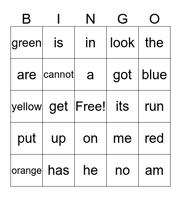 Sight Words Bingo Card