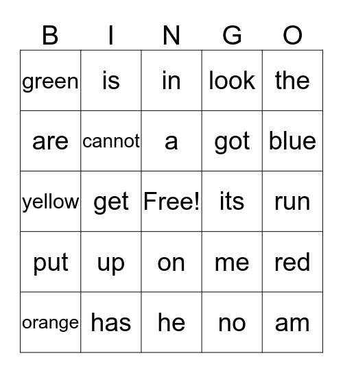 Sight Words Bingo Card