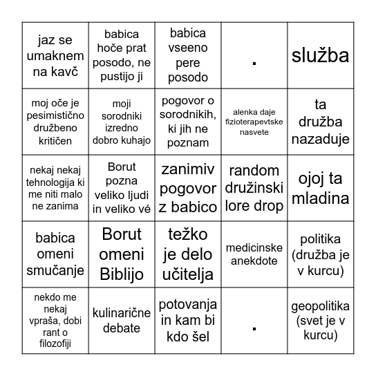 Družinsko kosilo bingo Card