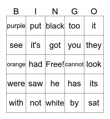 Sight Words Bingo Card