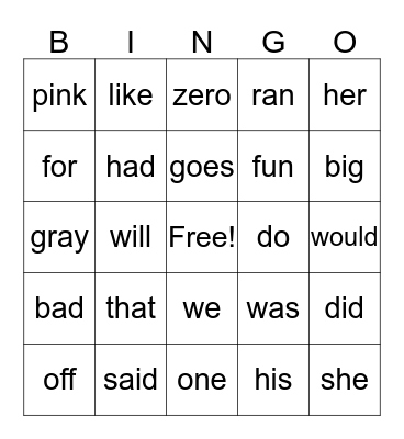 Sight Words Bingo Card