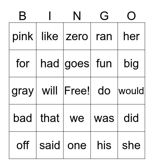 Sight Words Bingo Card