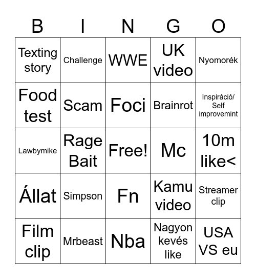 Yt shorts Bingo Card