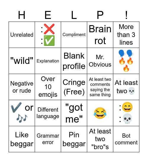 Shorts Comments Bingo Card