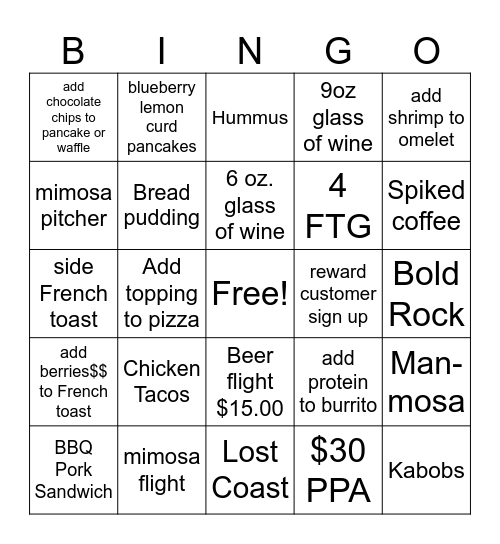 Baker's Crust Brunch Bingo Card