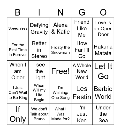 Movies & TV Show Songs Bingo Card