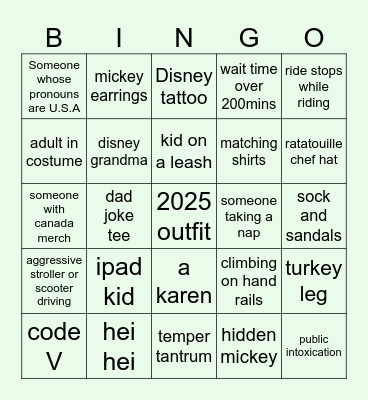 Epcot Bingo Card