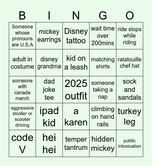 Epcot Bingo Card