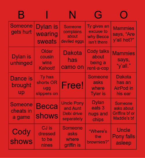 Cousin Christmas Bingo Card