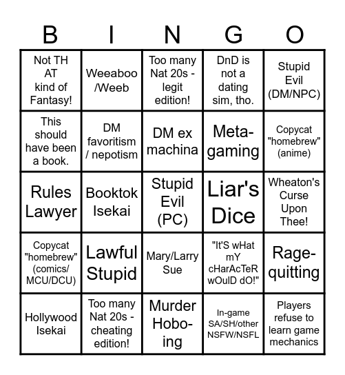 TTRPG Horror Stories Bingo Card