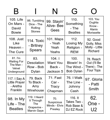 Rolling Stones Top 500 (#120-61) Bingo Card